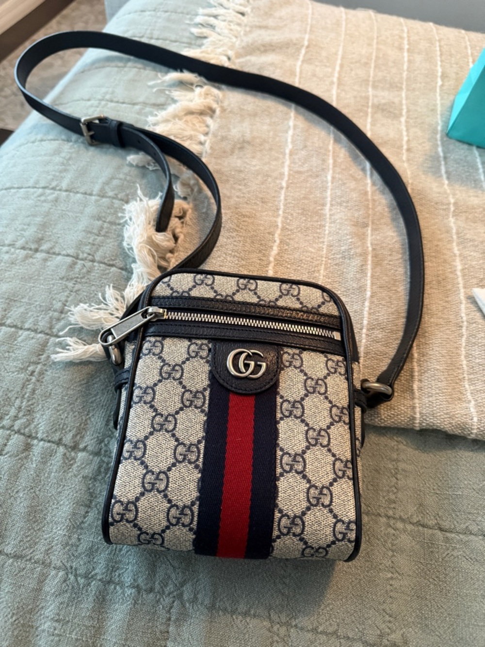 Gucci Beige GG Canvas 5X7 Crossbody with Navy and Red Web Stripe